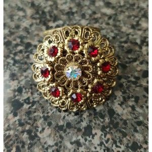 Vintage Made Germany Red Rhinestone AB Stone Filigree Brooch Pin Scarf Ring